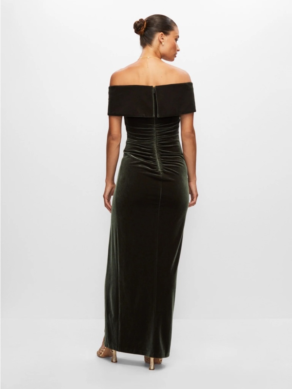 Velvet Sweetheart Off-Shoulder Strapless Gown in Olive Green size 10 - Picture 4 of 7